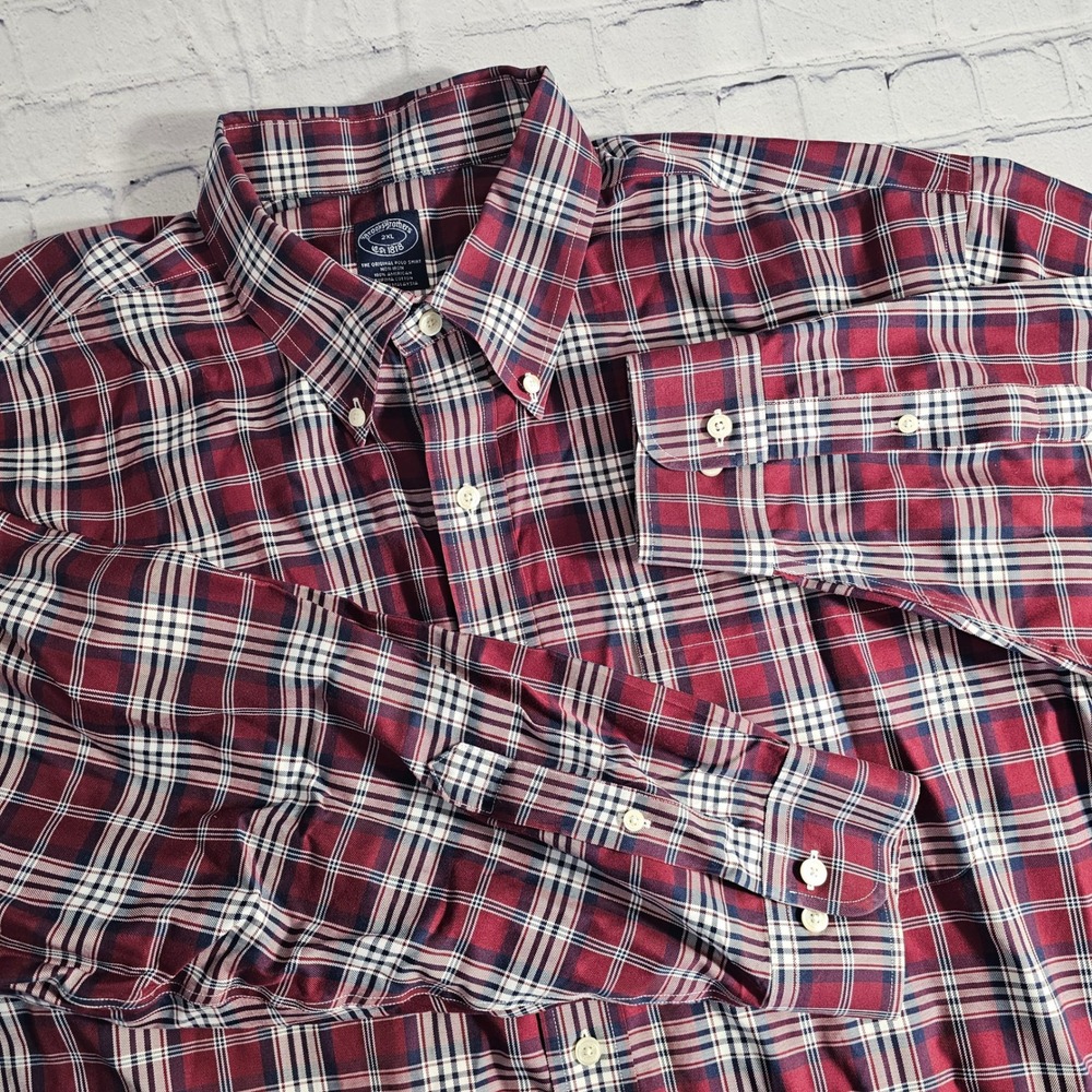 Brooks Brothers Plaid Button Down Shirt Non Iron Supima‎ Cotton Red Blue Men 2XL